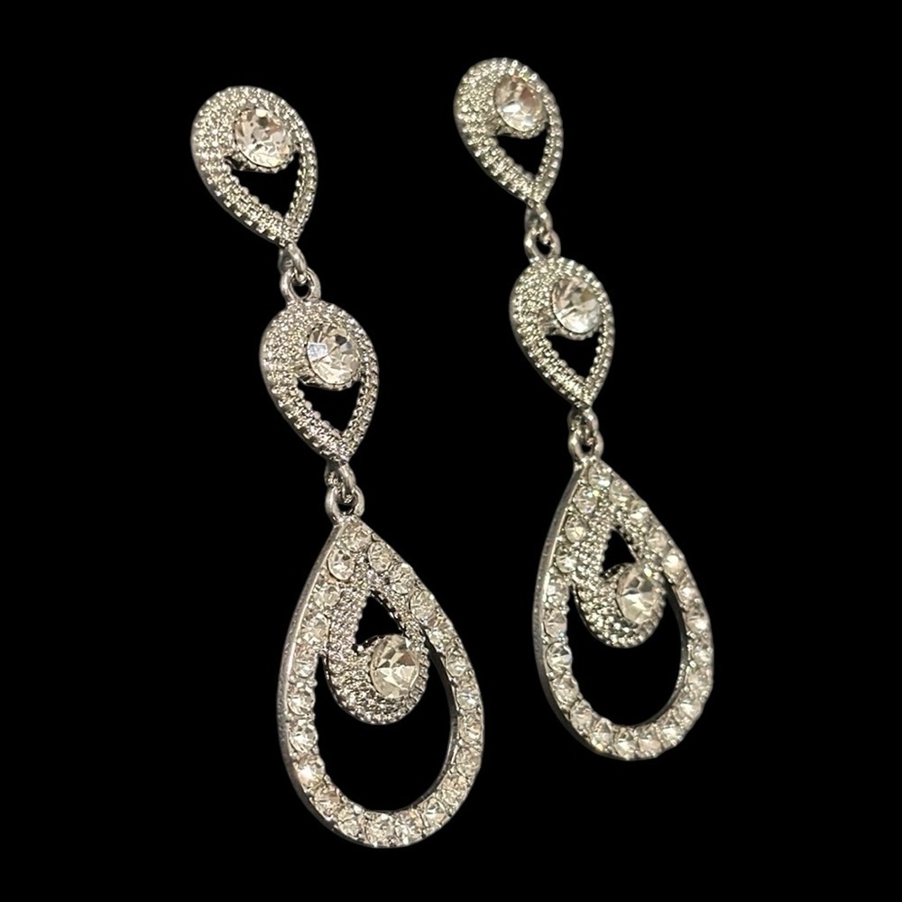 Rhinestone bling formal, long dangle,  cz evening, wedding, silver earrings